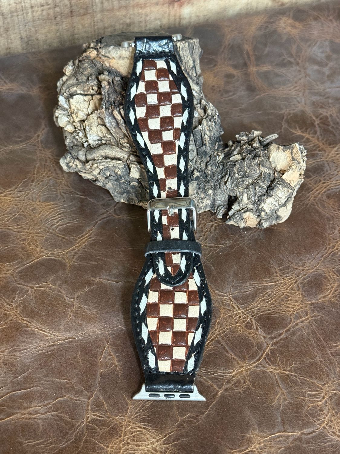 Chocolate Cream Checkered Leather Watchband