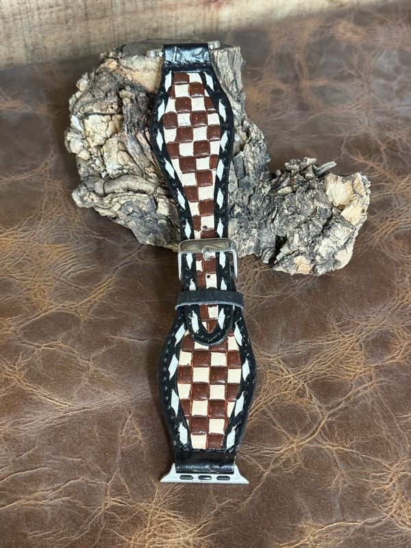 Chocolate Cream Checkered Leather Watchband