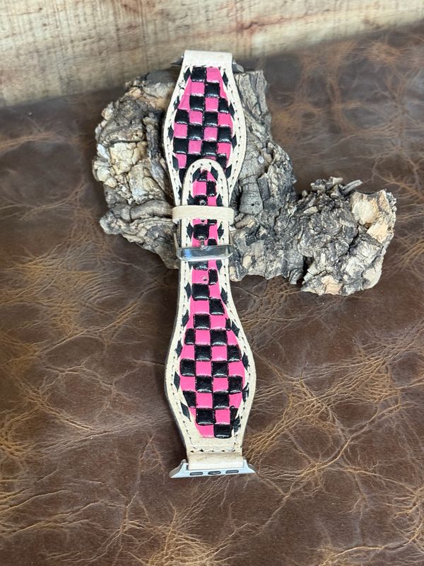 Pink Black Checkered Leather Watchband