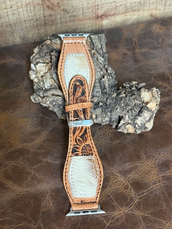 Cowhide Tan Tooled Leather Watchband