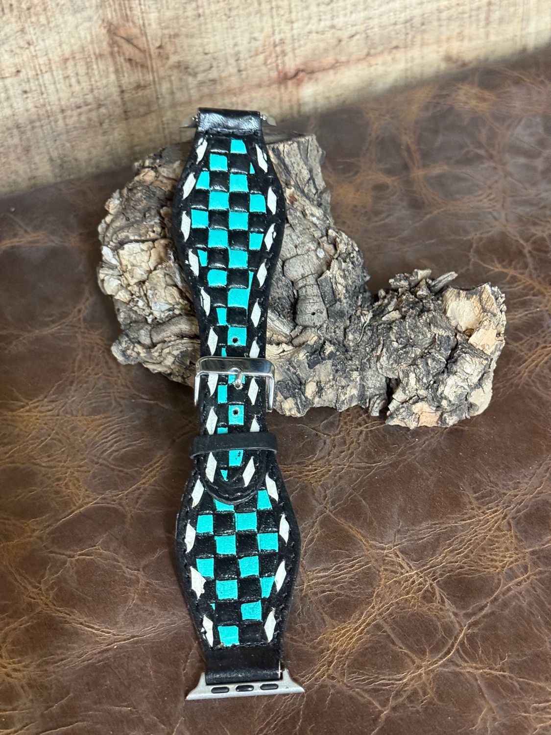 Turquoise Black Checkered Leather Watchband