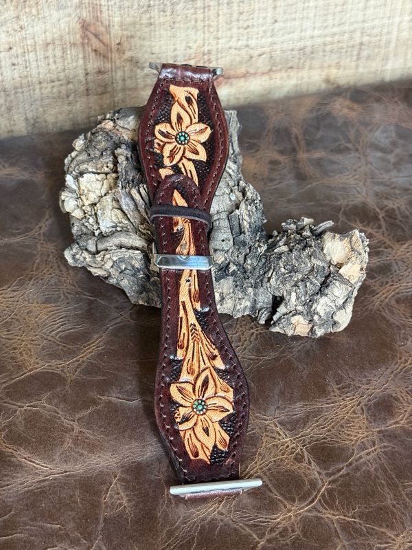 Floral Tooled Brown Leather Watchband