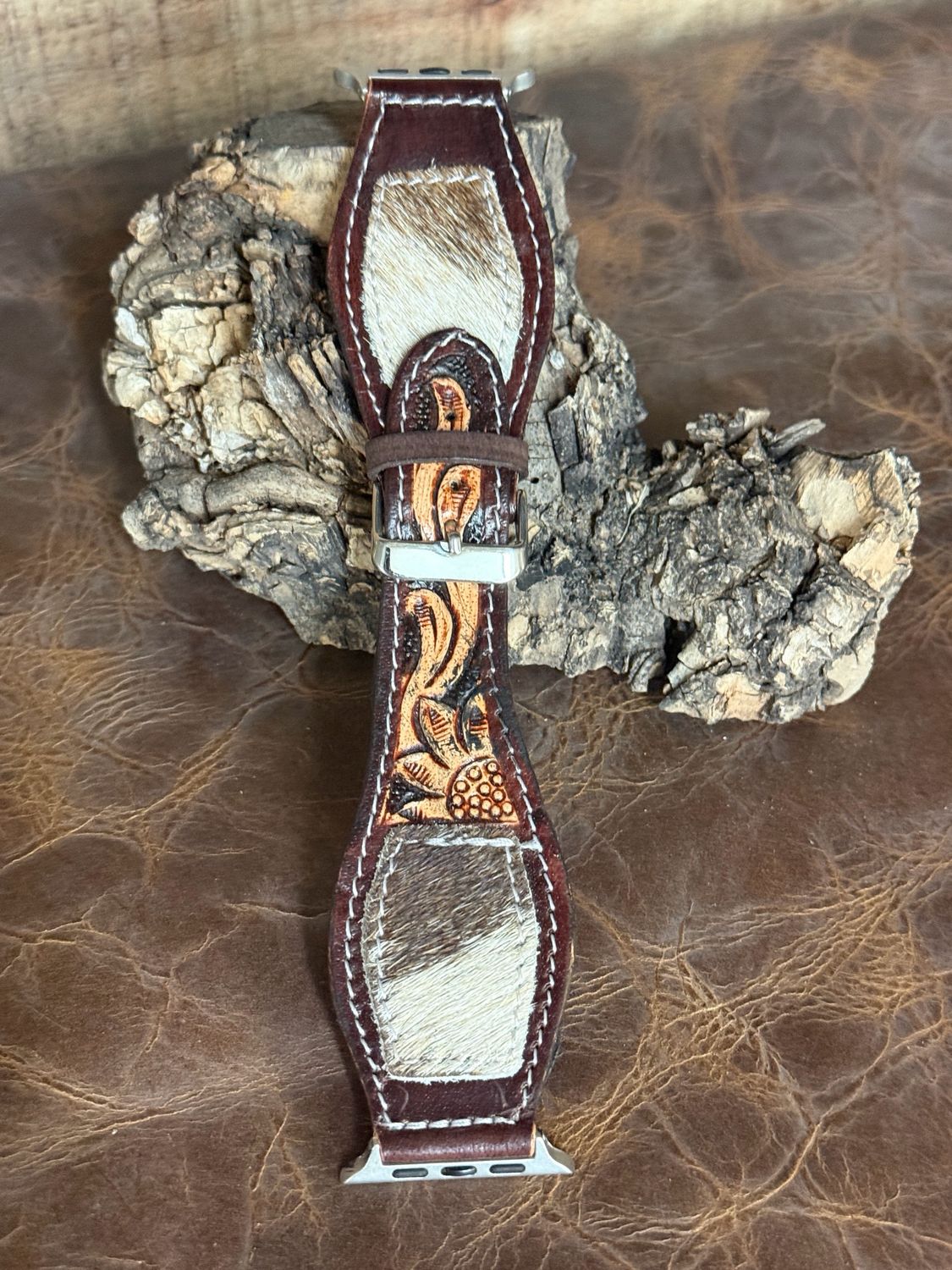 Cowhide Brown Tooled Leather Watchband