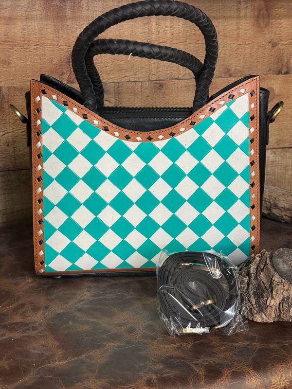 Turquoise and White Checkered handbag