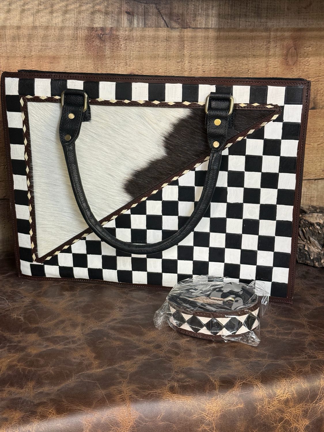 Black and White Checkered Cowhide Tote Bag with Matching Strap