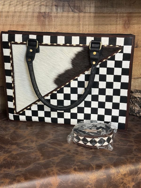 Black and White Checkered Cowhide Tote Bag with Matching Strap