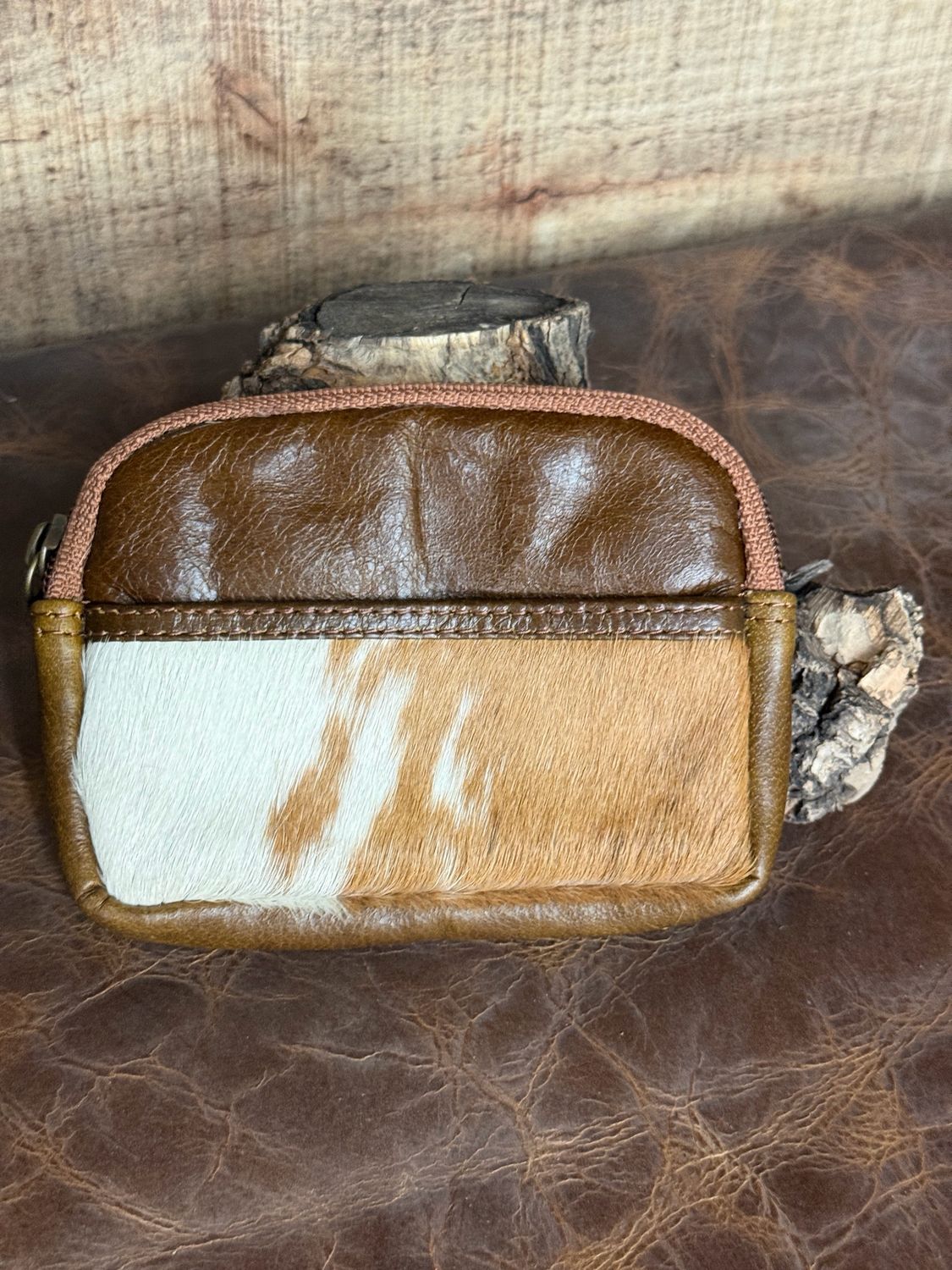 Tan and White Cowhide Coin Pouch
