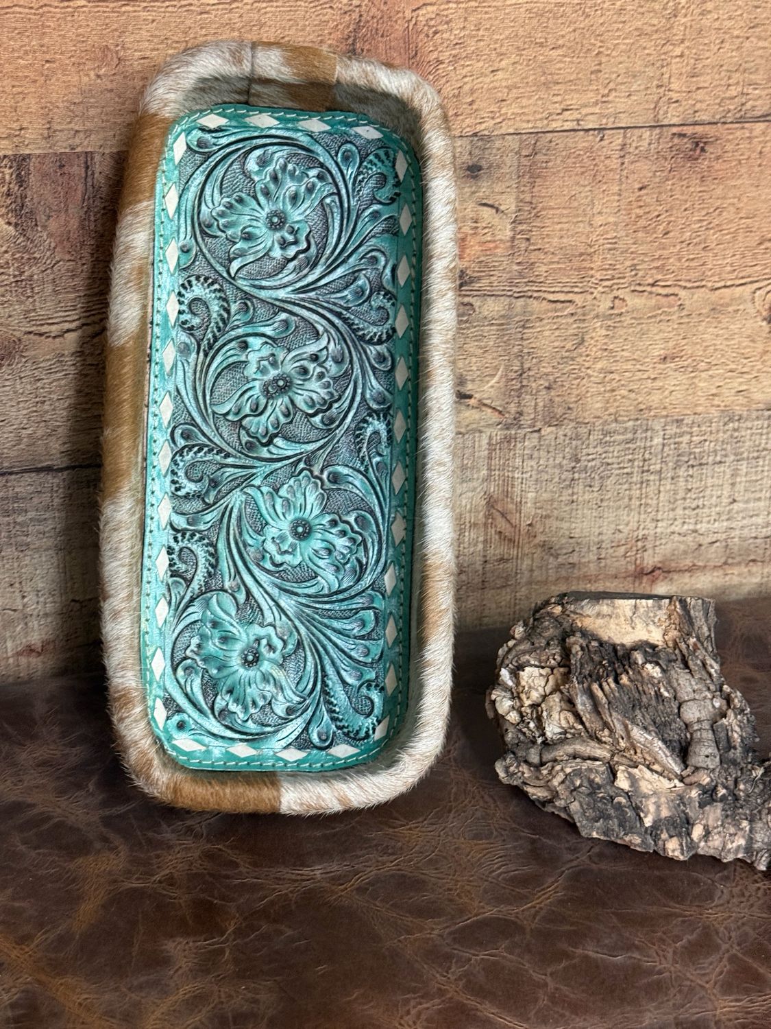 Turquoise Tooled Cowhide Long Tray