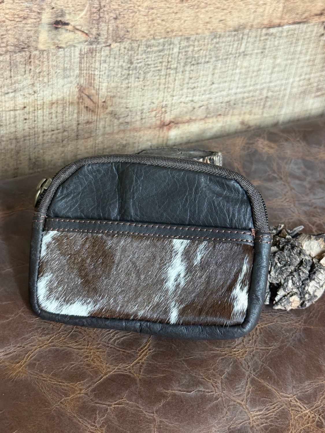 Dark Brown and White Cowhide with Black Leather Coin Pouch