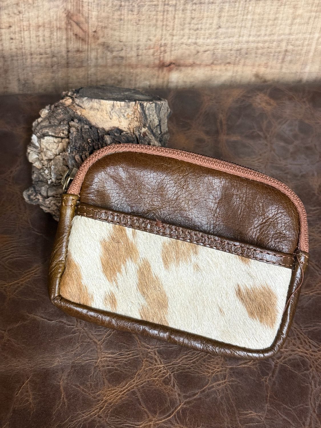 Tan Spotted Cowhide Leather Coin Pouch