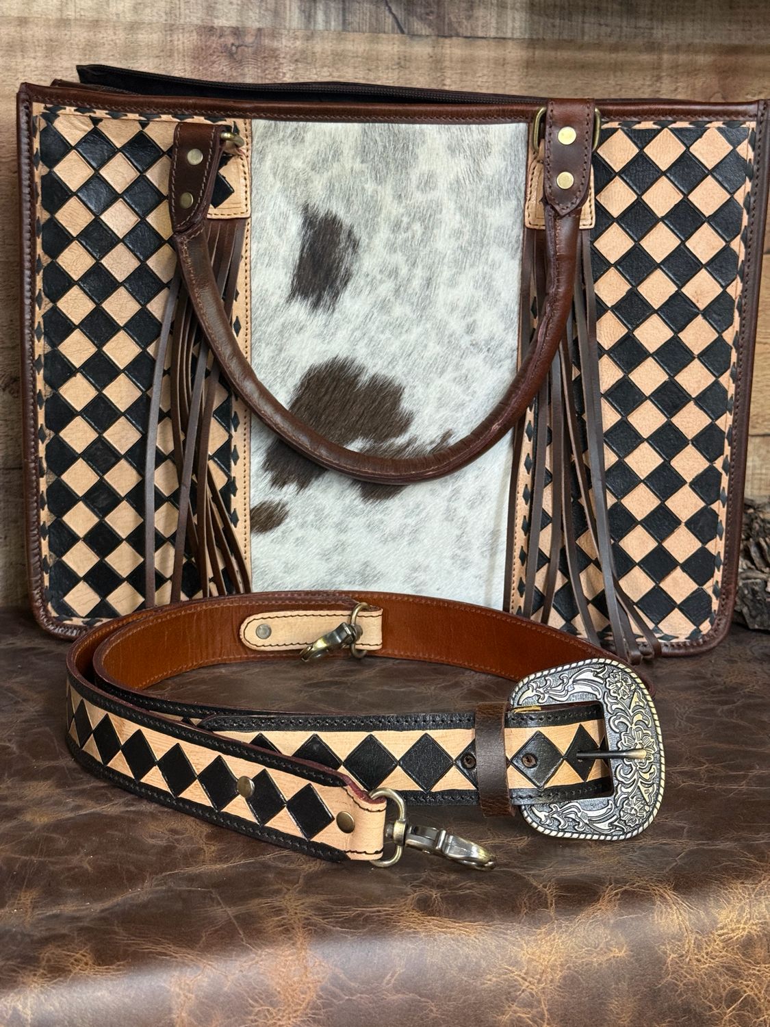 Checkered Brown Black &amp; Cowhide Tote Bag