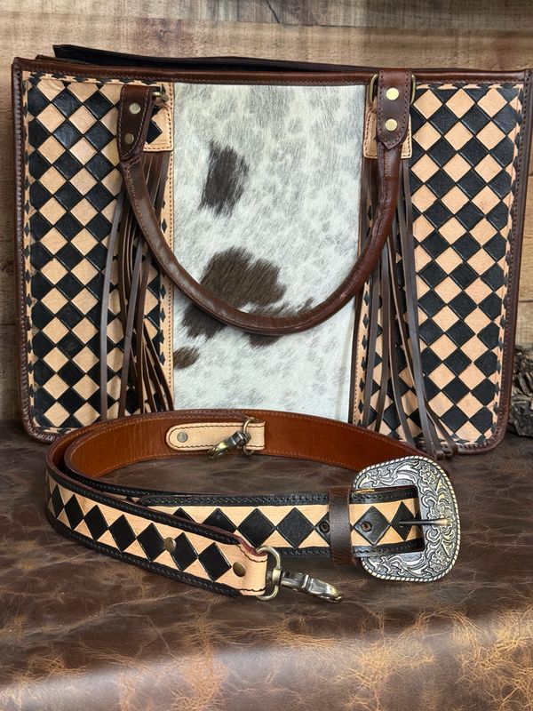 Checkered Brown Black &amp; Cowhide Tote Bag