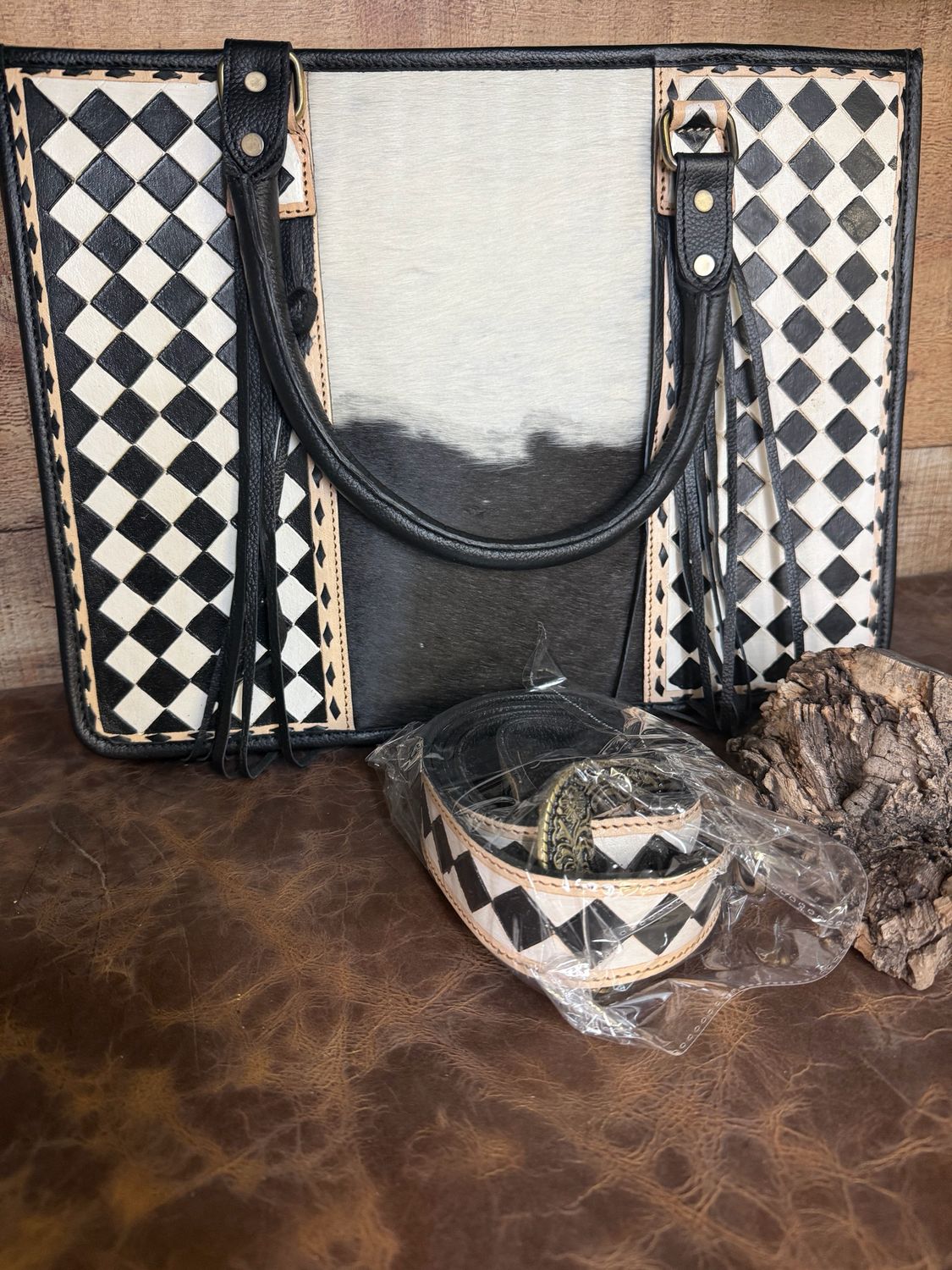 Checkered Black White and Cowhide Tote Bag