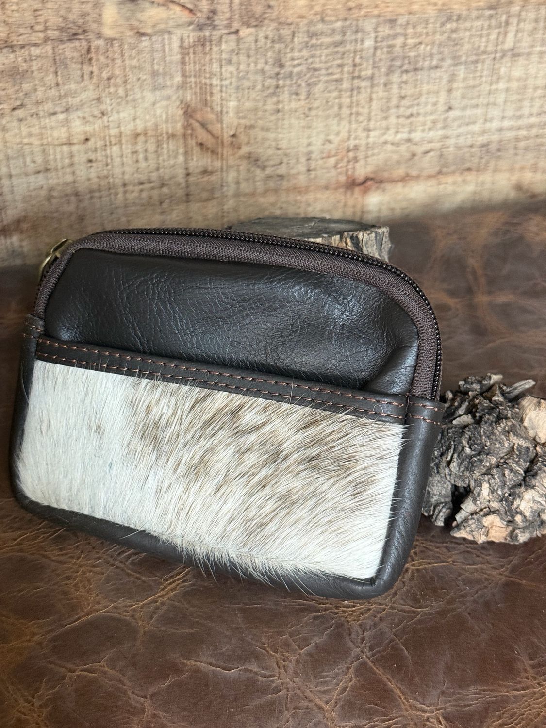 White Cowhide and Leather Coin Pouch