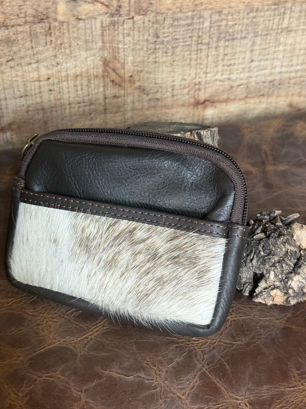 White Cowhide and Leather Coin Pouch