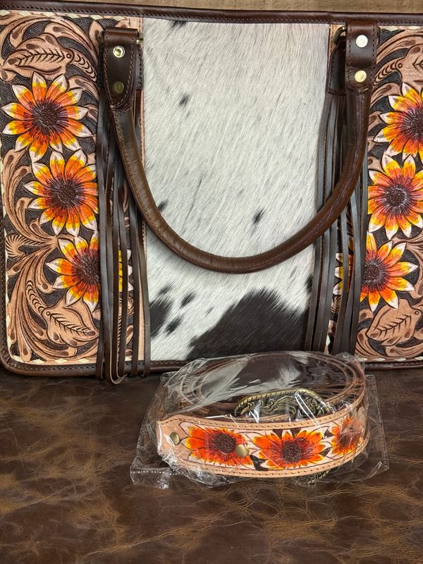 Sunflower Tooled Leather Tote with Cowhide and Matching Adjustable Buckle Strap