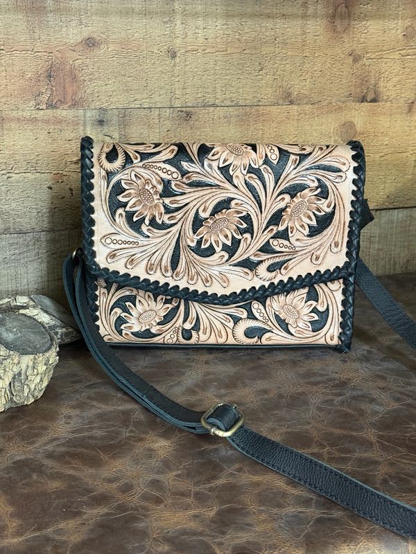 Dark Brown Black Tooled Leather Crossbody Bag