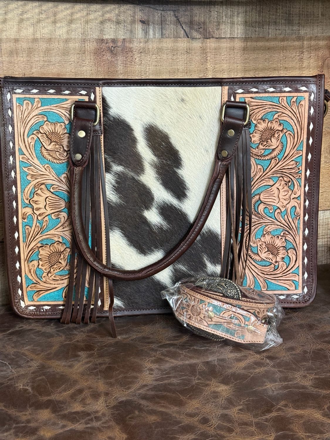 Turquoise Tooled Leather Cowhide Tote Bag with Matching Adjustable Strap