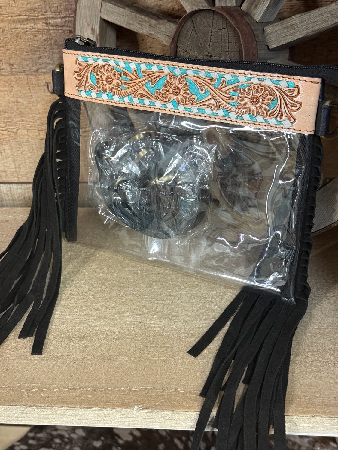 Clear Stadium Fringe Crossbody with Teal Tooled Leather