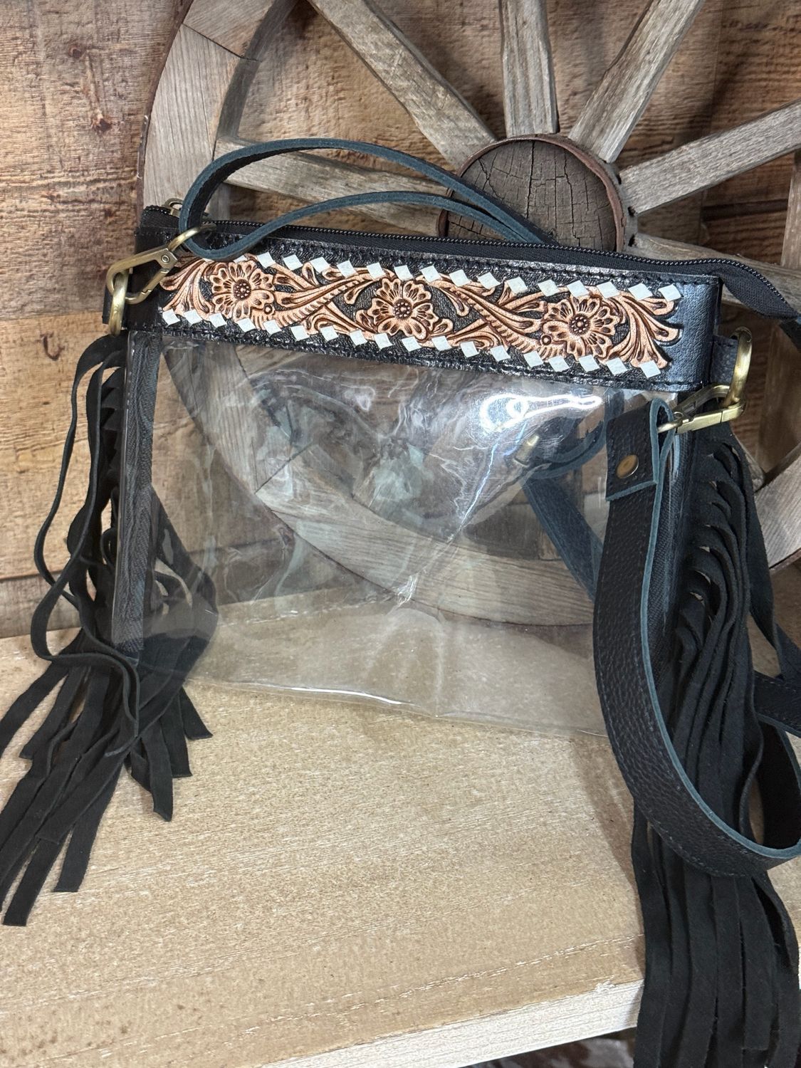 Clear Stadium Fringe Crossbody with Black Floral Tooled Leather