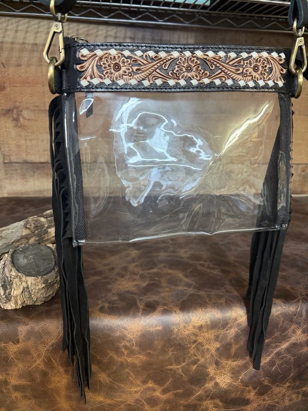 Clear Stadium Fringe Crossbody with Dark Brown Black Tooled Leather