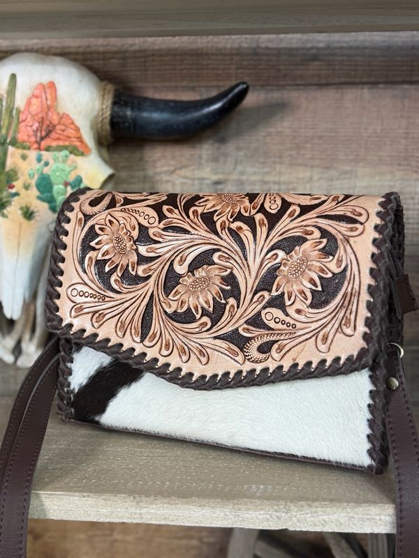 Black and White Cowhide Crossbody with Tooled Leather Flap