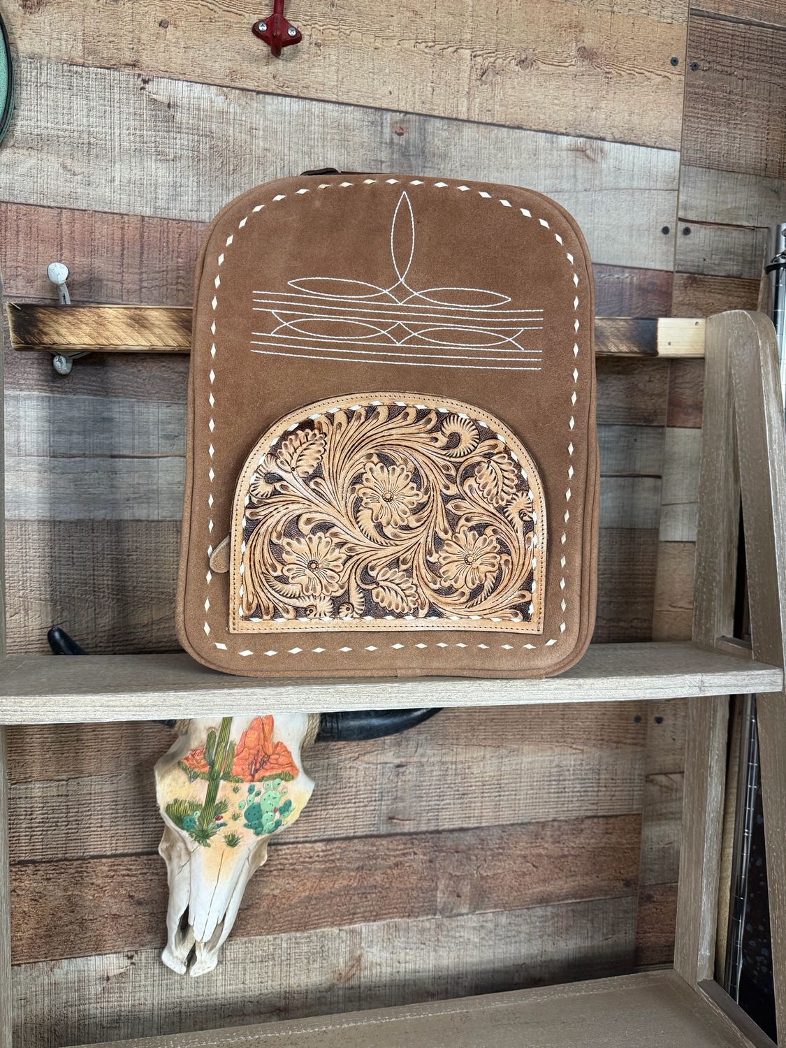 Western Suede Boot Stitch Backpack with Tooled Leather