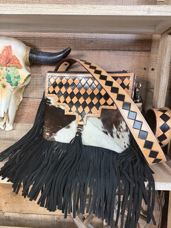 Brown and Black Checkered Cowhide Fringe Crossbody Bag