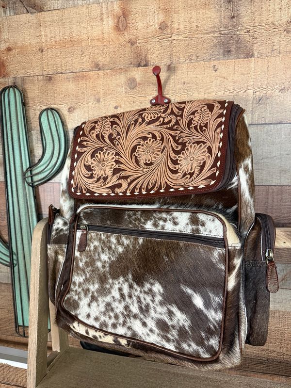 Tooled Leather and Cowhide Backpack