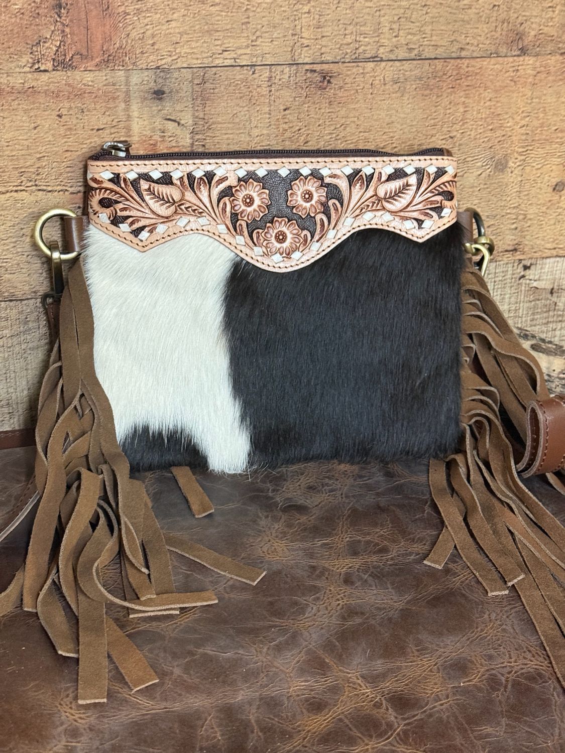 Tooled Leather Cowhide Fringe Crossbody