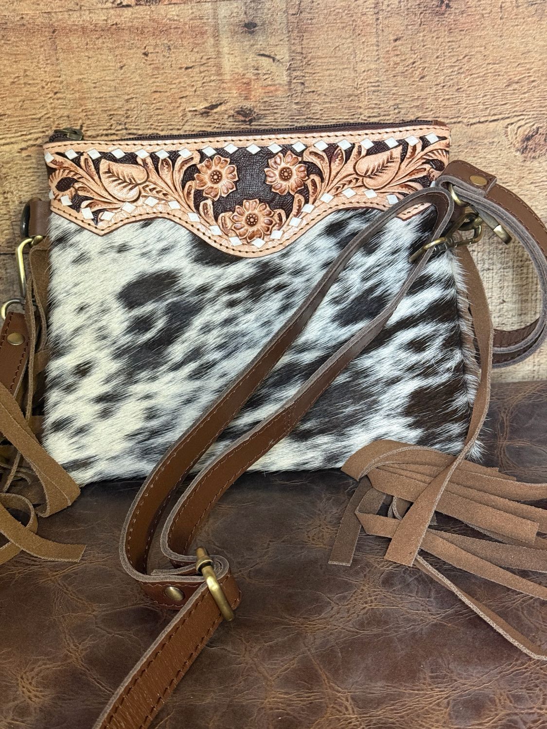 Spotted Cowhide and Tooled Leather Fringe Crossbody