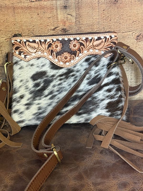 Spotted Cowhide and Tooled Leather Fringe Crossbody