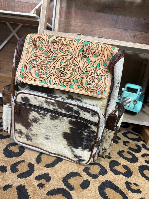 Turquoise Tooled Leather and Cowhide Backpack