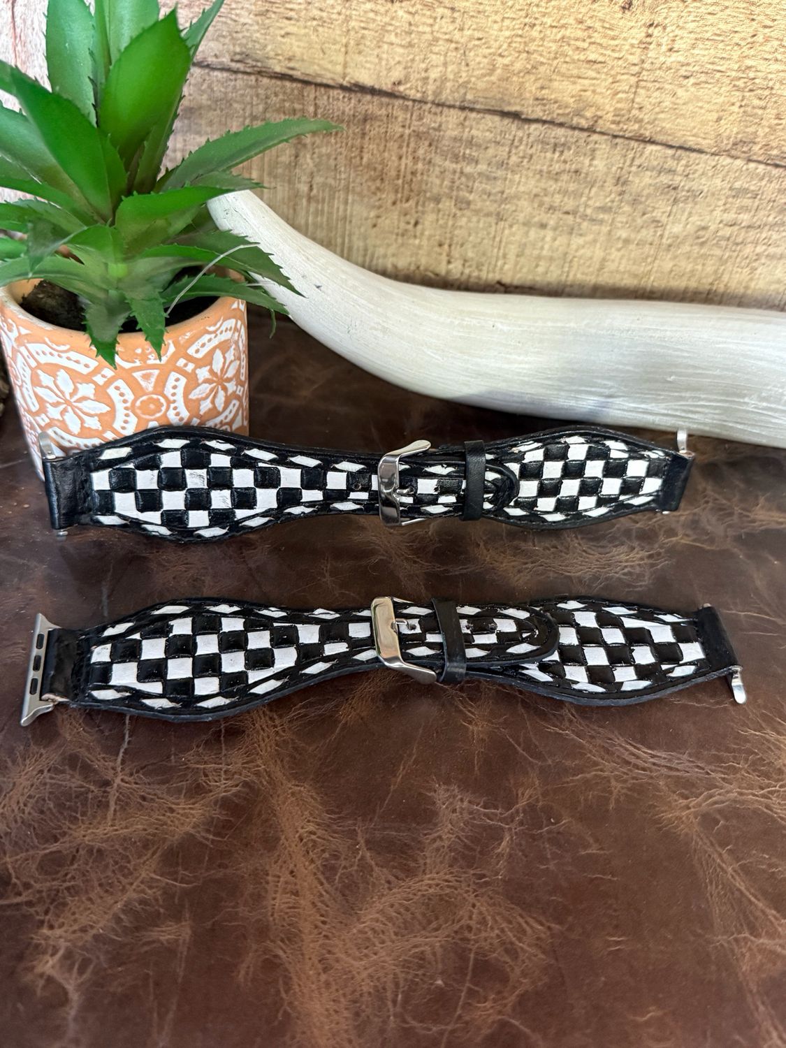 Black White Checkered Leather Watchband