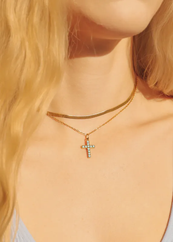 Gold Turquoise Stone Cross Charm