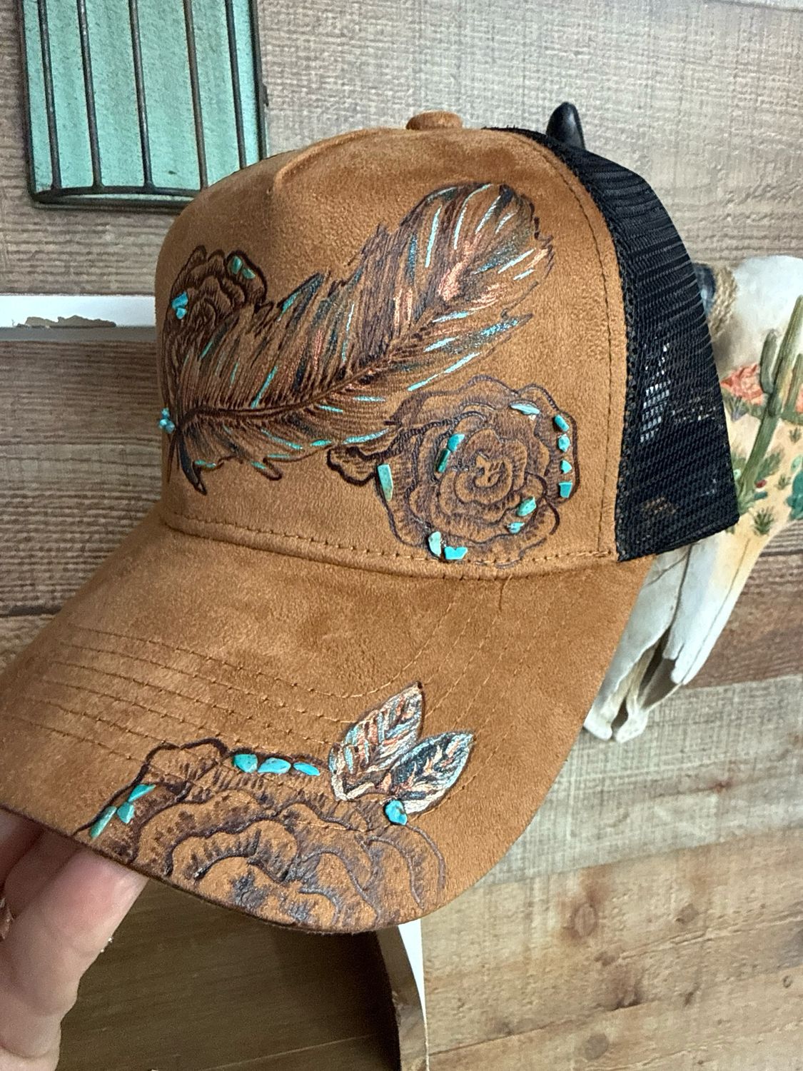 Feather Burned Turquoise Trucker Hat