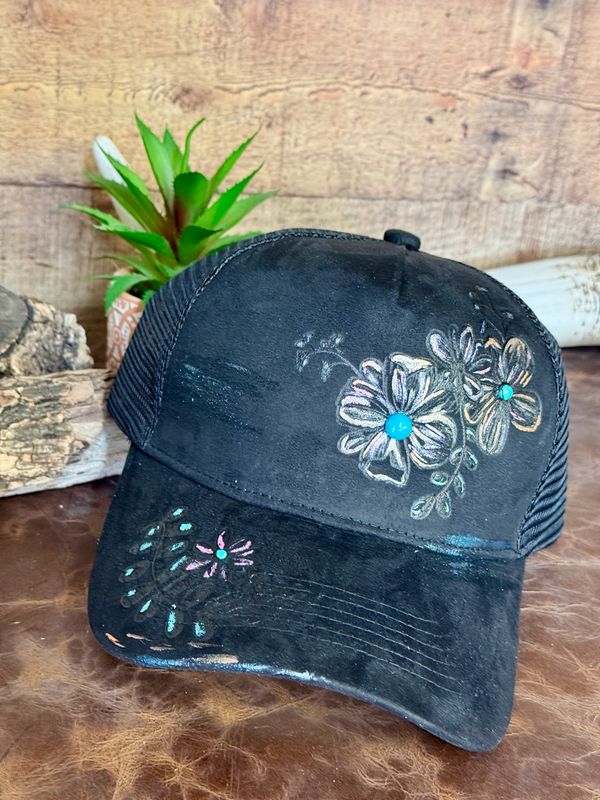 Floral Burned Black Trucker Hat with Genuine Turquoise