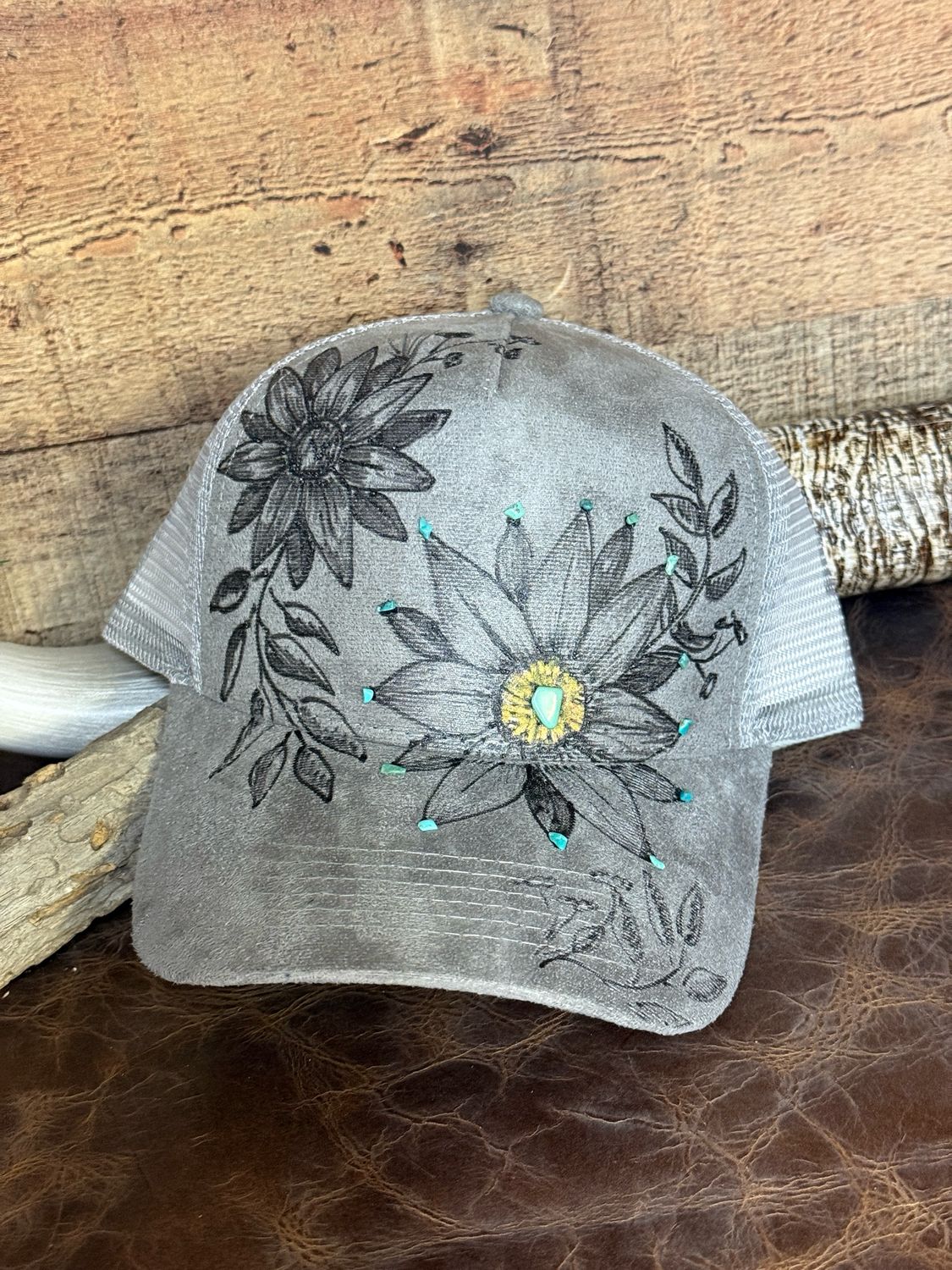Floral Burned and Genuine Turquoise Gray Trucker Hat