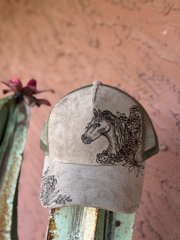 Floral Horse Burned Olive Trucker Hat