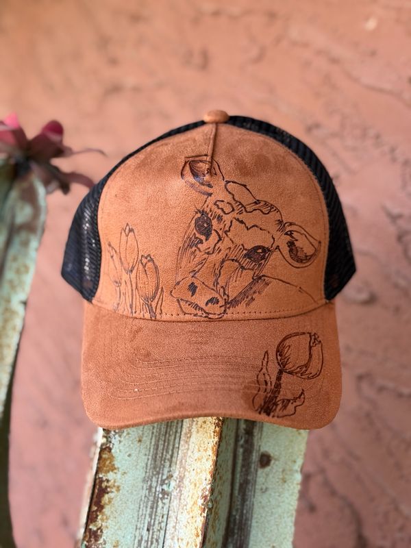 Floral Cow Burned Rust Trucker Hat