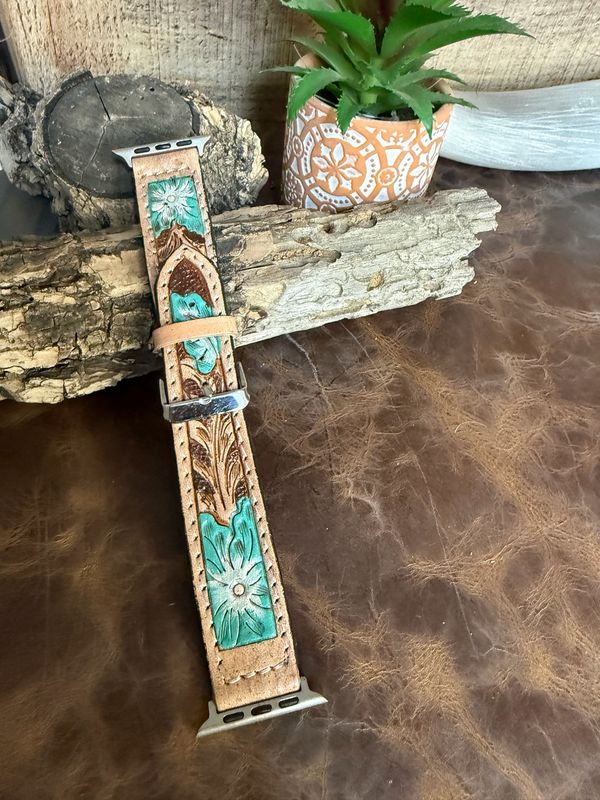 Teal Floral Tooled Leather Watchband