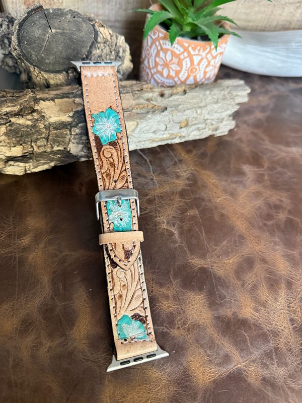 Tooled Leather Teal Floral Watchband