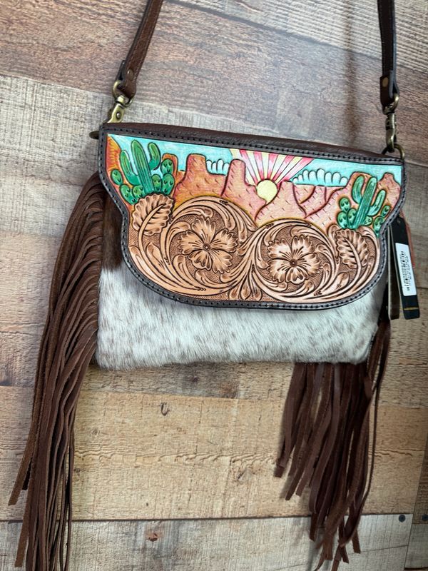 Desert Tooled Leather Cowhide Crossbody with Fringe