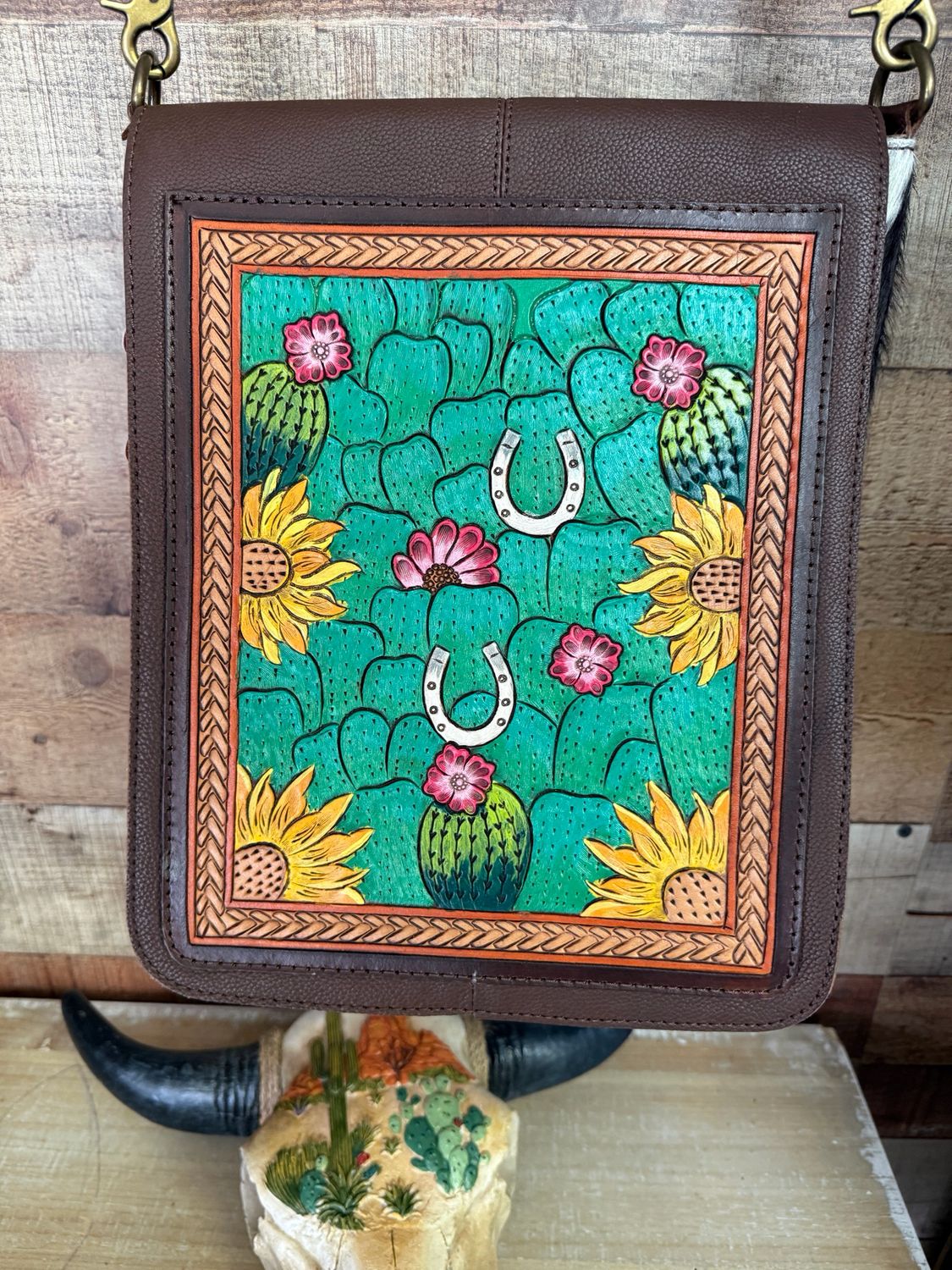 Cactus Tooled Leather and Cowhide Crossbody Bag