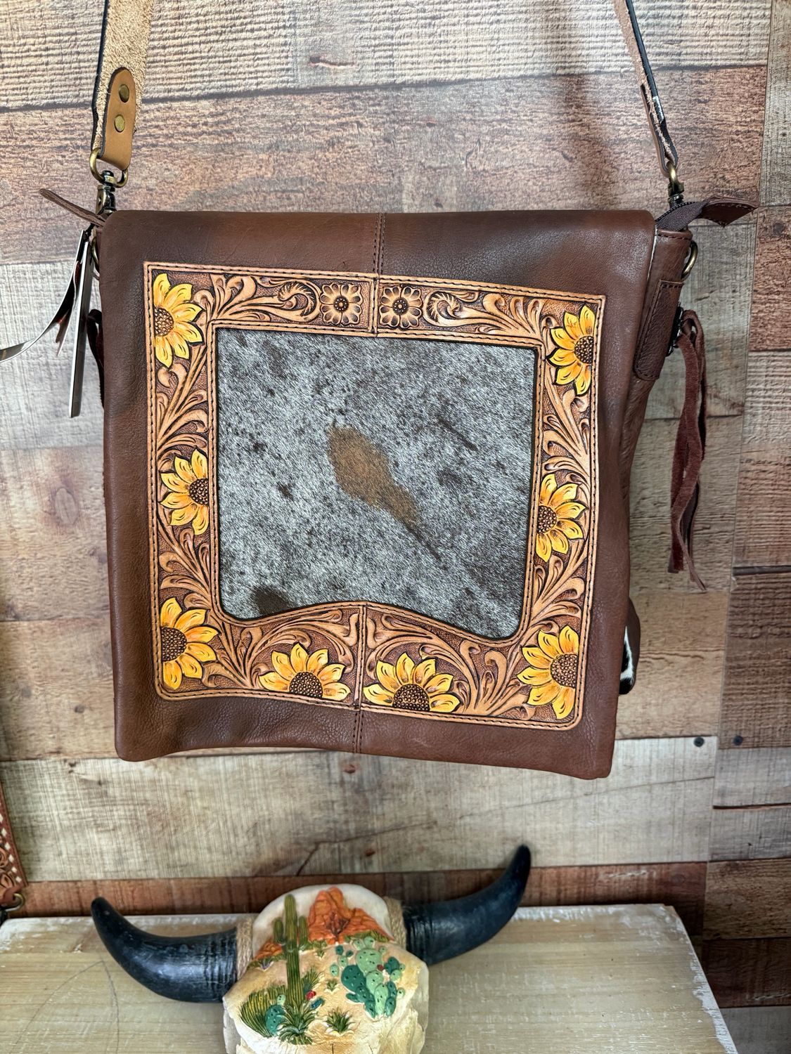 Sunflower Tooled Crossbody with Cowhide