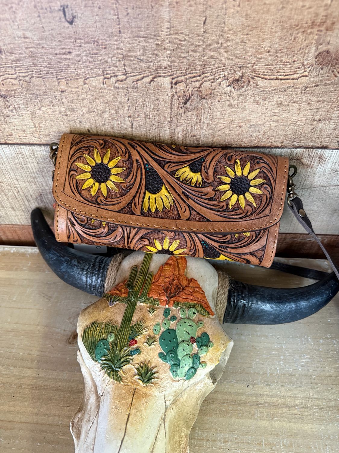 Sunflower Tooled Leather Crossbody Wallet