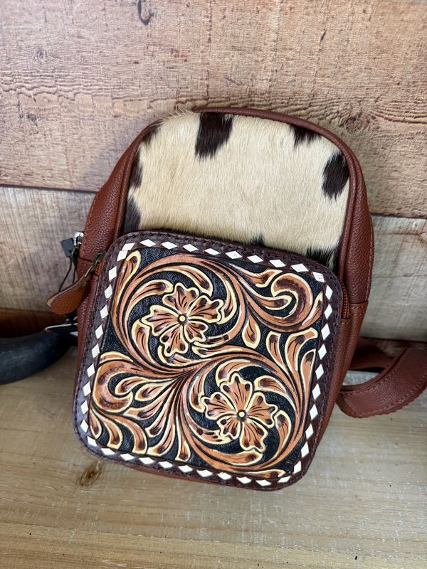 Floral Tooled &amp; Cowhide Sling Bag