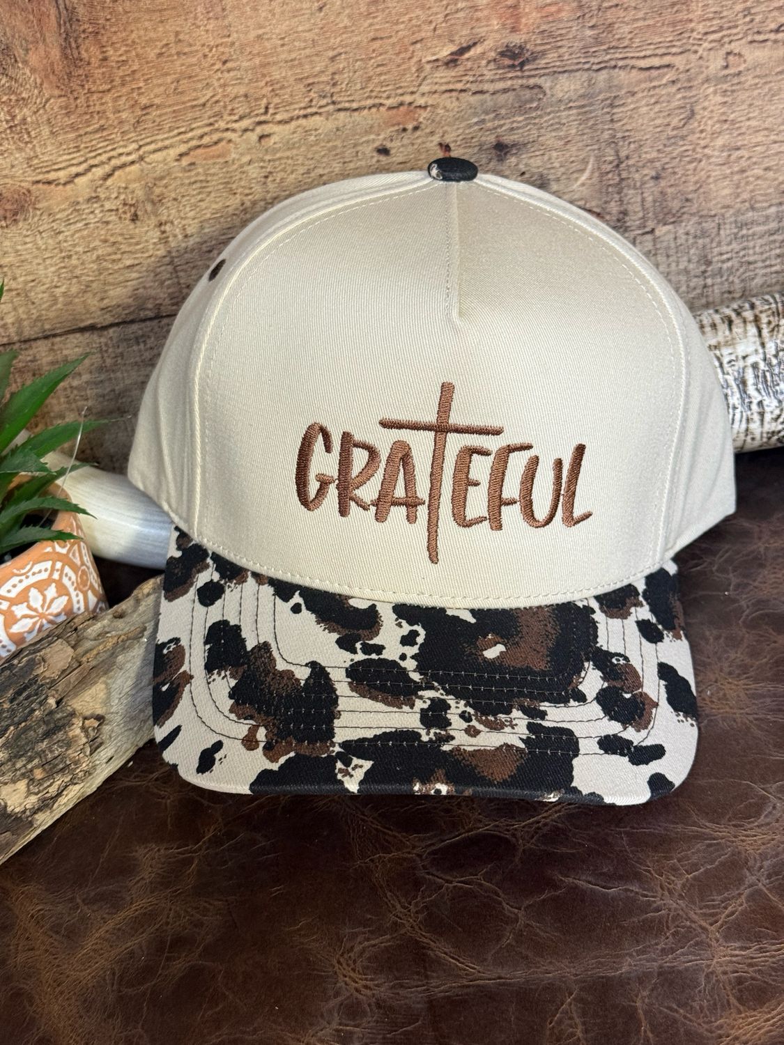 Grateful Cow Print Embroidery Trucker Hat