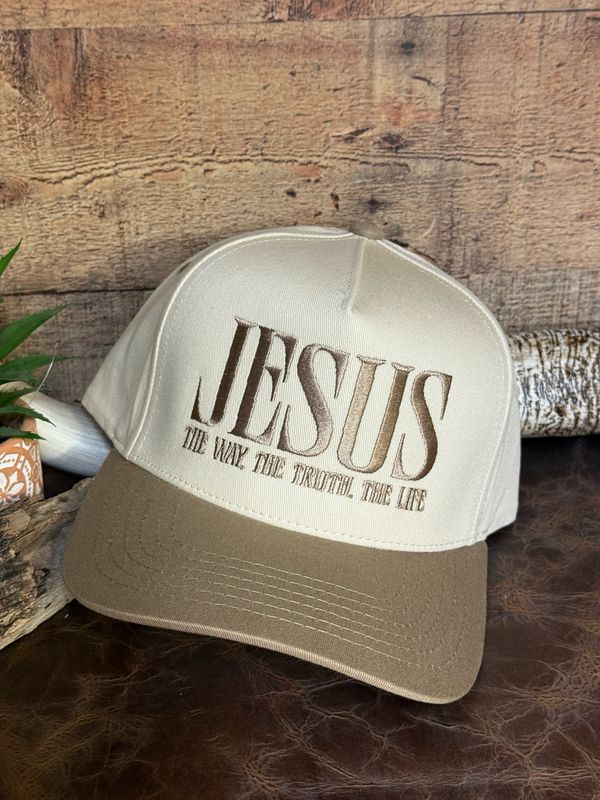 JESUS Beige Embroidered Trucker Hat