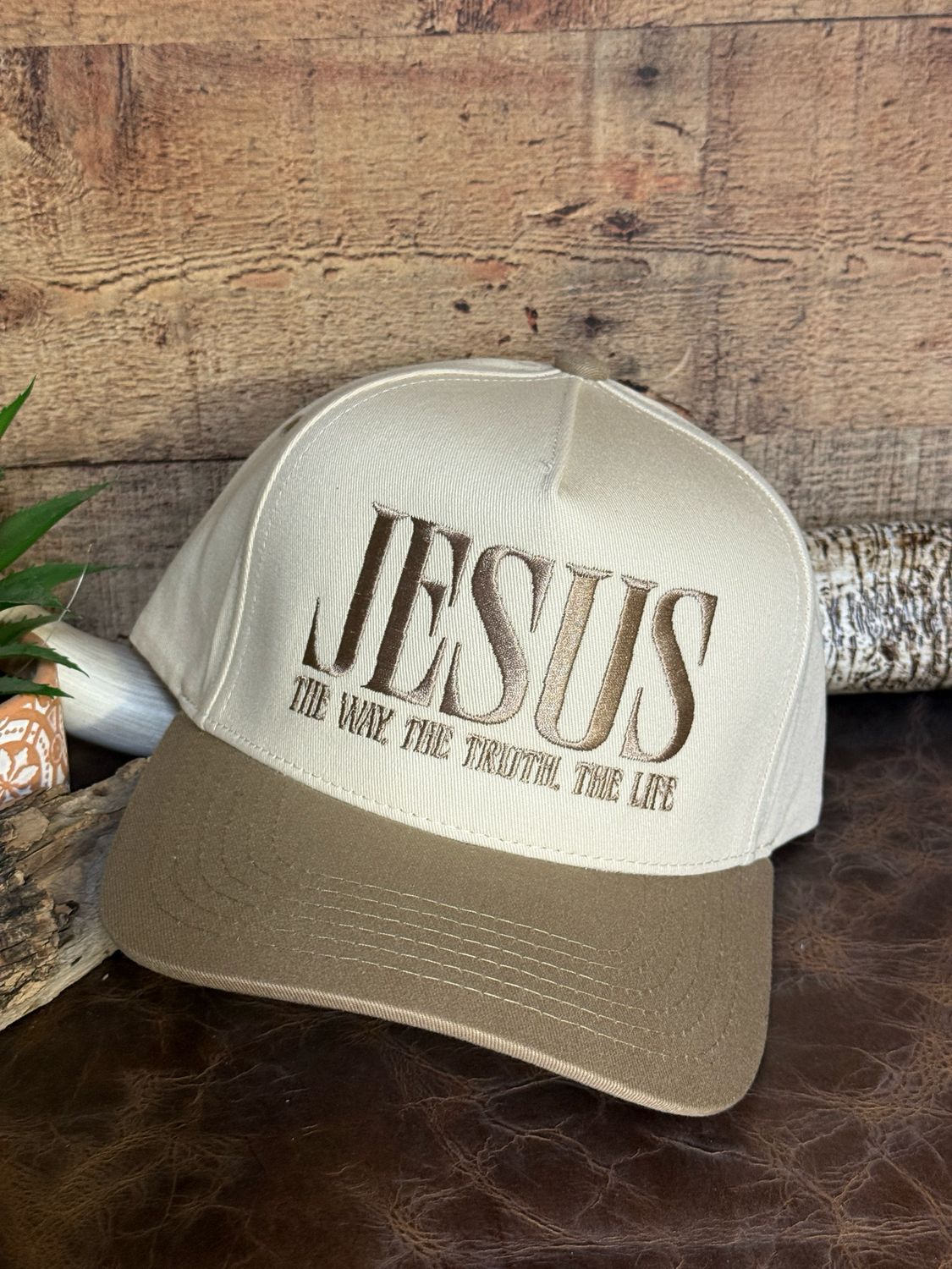 JESUS Beige Embroidered Trucker Hat